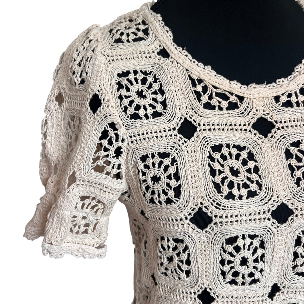 VTG Crochet Knit Granny‎ Square Top Puff Sleeve Cream Cottagecore Boho Italian